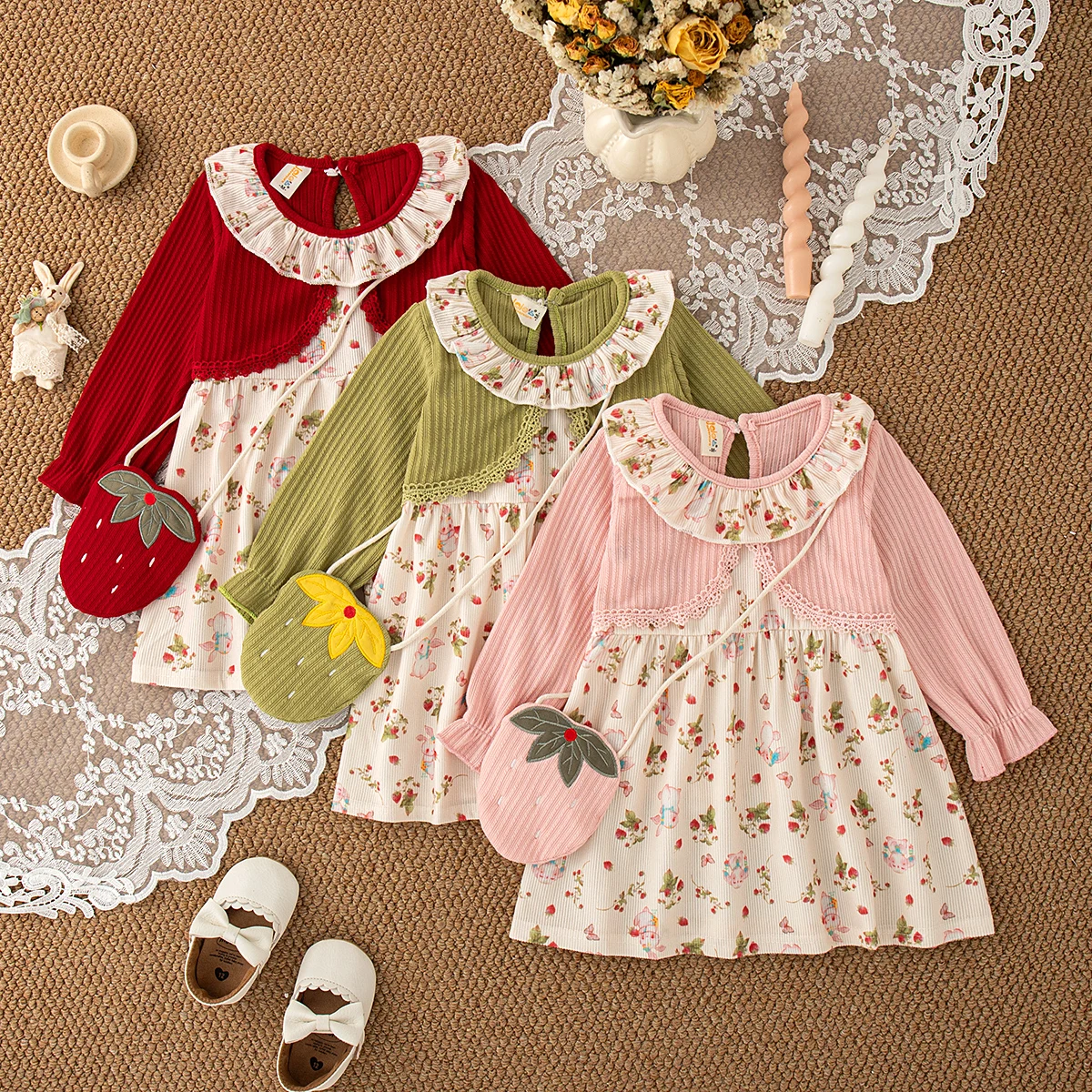 

Baby Girl Dress Fashion Sweet Floral Knit Long Sleeved Dress Girl Fall Outing Clothing Sent Bag