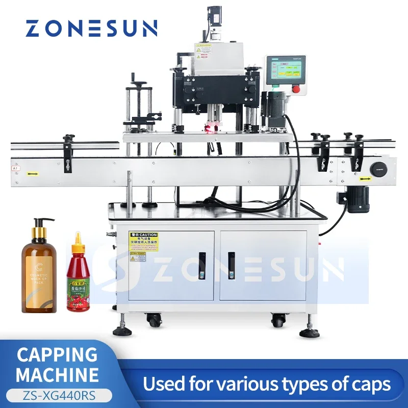 ZONESUN Automatic Capping Machine Servo Driven Bottle Capper Screw Cap Closure Sealing Packaging System for Bussiness ZS-XG440RS