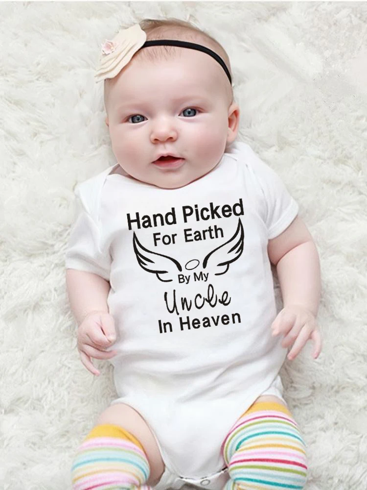 Hand Picked for Earth By My Uncle/Aunt In Heaven Fashion Infant Newborn Baby Girl Romper Short Sleeve Print Playsuit Outfit