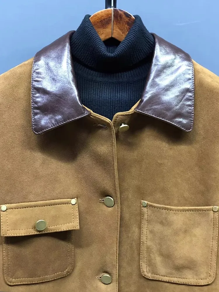 Vintage Suede Sheepskinผู้หญิงCargo Coatฤดูใบไม้ร่วงฤดูหนาวใหม่ลําลองOuterwear Lapel Single Breastedเสื้อหนังแท้