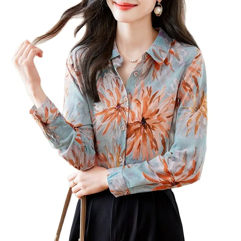 

Korean Style Office Lady Floral Blouses Turn-down Collar Long Sleeved Women Fashion Printed Woman Shirts Elegant Female Clothes