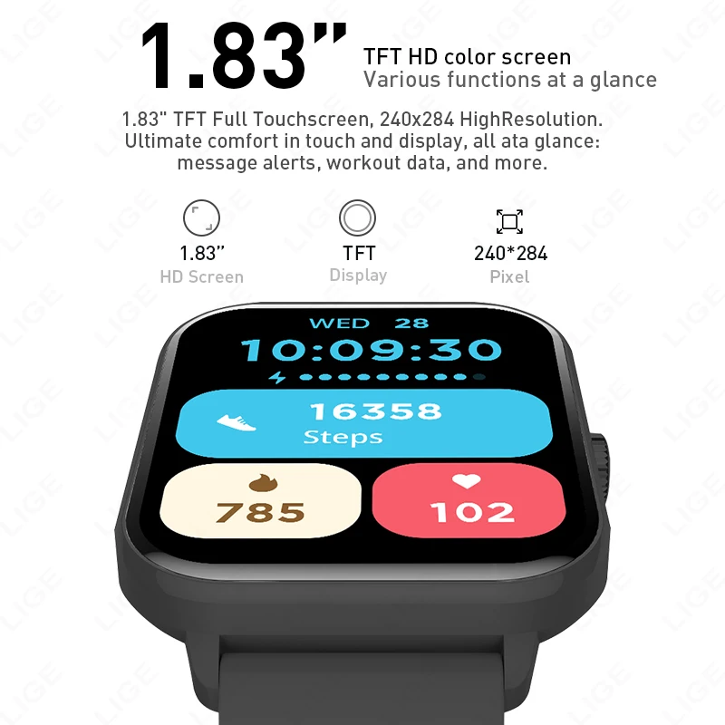 LIGE Fashion1.83” Full Touch HD Screen Smart Watch Health Monitor 123+Sports Mode Waterproof Bluetooth Call Smartwatch Men Women