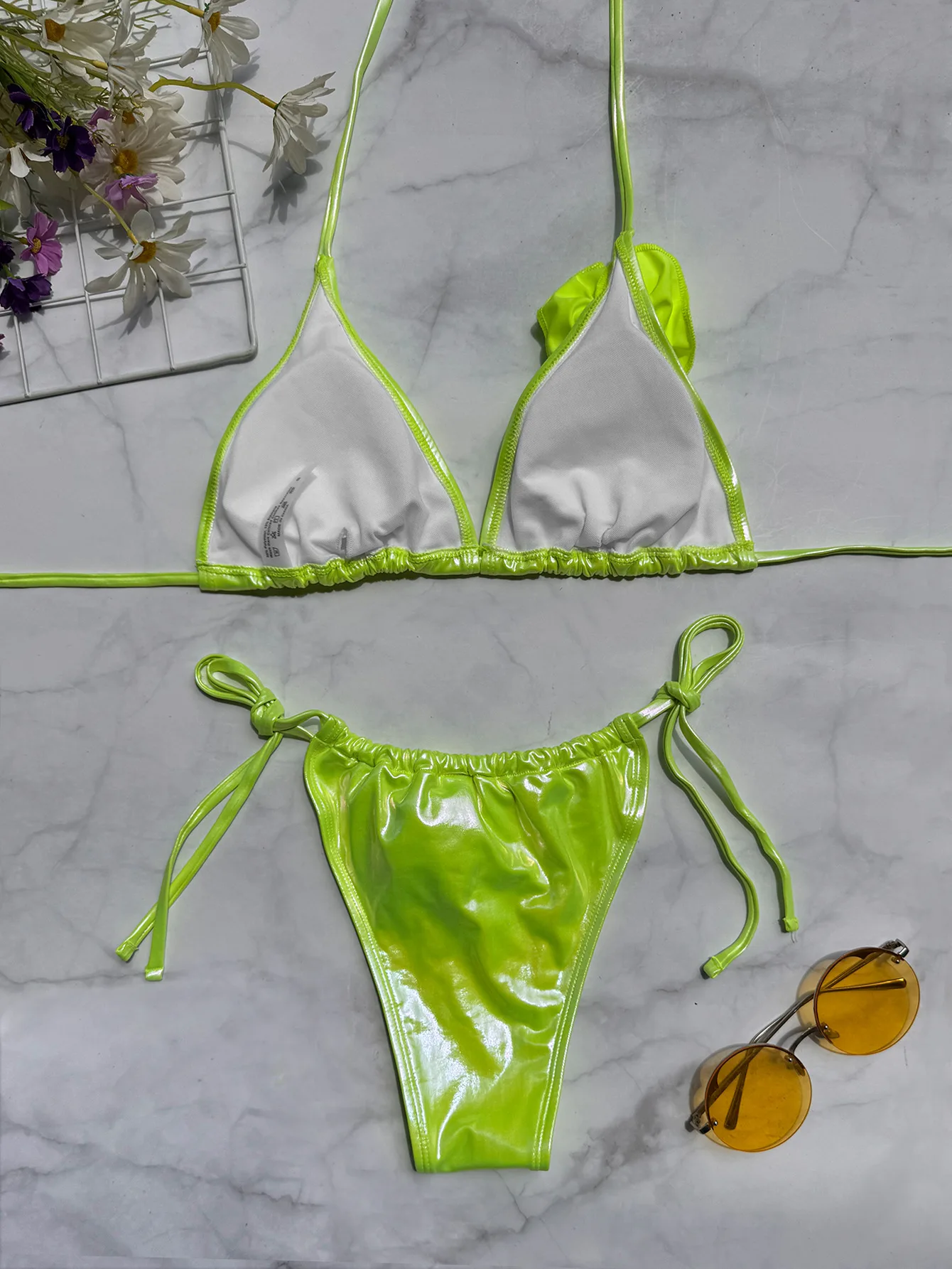 Bikini zestaw fluorescencyjny zielony 3D kwiat stroje kąpielowe Bikini Mujer stroje kąpielowe kobiety błyszczące plaża strój kąpielowy strój