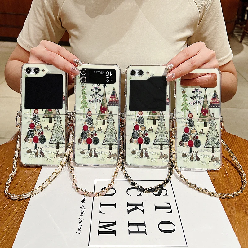 حافظة معدنية بحبل لهاتف سامسونج جالاكسي Z Flip7 Flip6 Flip5 Flip4 Flip 7 FE 6 5 4 3 5G نمط شجرة عيد الميلاد غطاء هاتف من البولي يوريثان