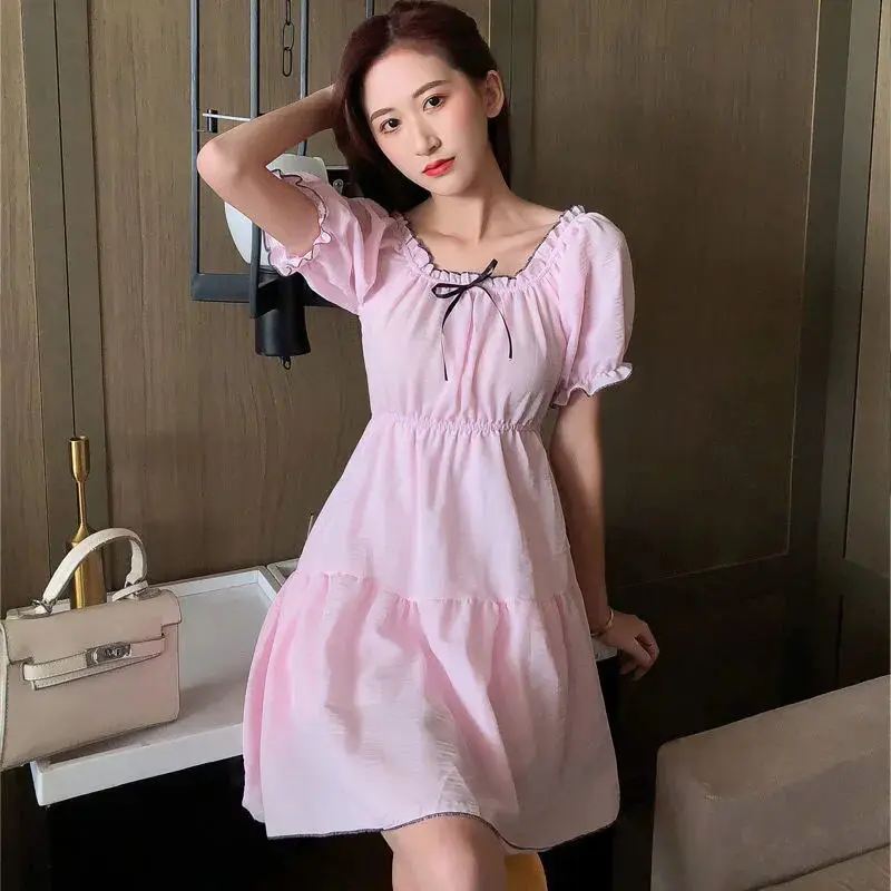 

Chiffon Dress Women's New Summer Women's French Style Waist Slim Pleated Puff Sleeves Student Square Collar Dress