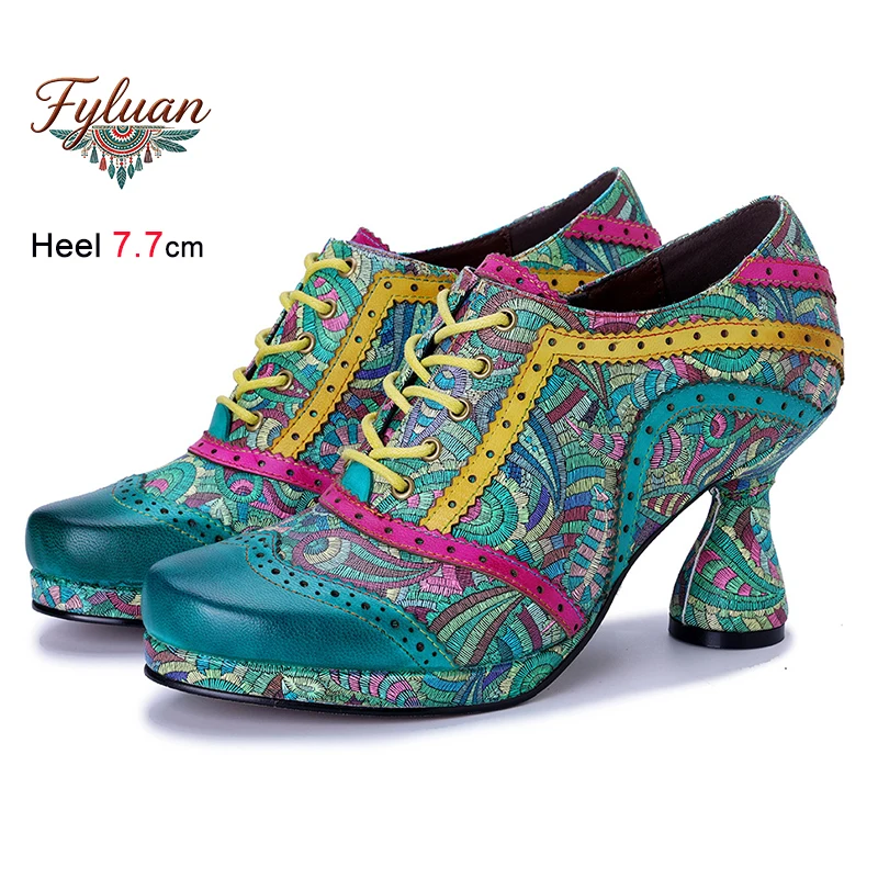 

2026 Spring Summer Lake Green Print Serrated Edge Women's Shoes Thin Heels 7.7cm Lace Up Side Zipper Ladies Pumps Bohemian Shoes