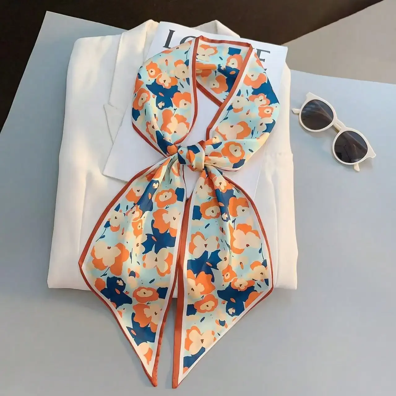 Women's Spring/Summer Casual Faux Silk Square Scarf, Professional Floral Print Necktie Hair Band, Thin Neck Scarf,  Waist Belt