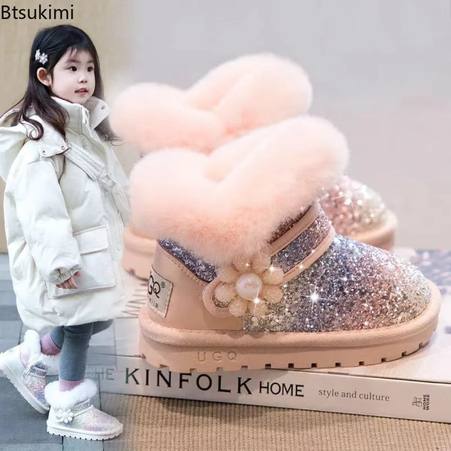 Children Shoe Girl Snow Boot Winter New Boots Fashion Princess Cotton Shoe Thickened Casual Boot Flat Bottomed Bare Boot Botas