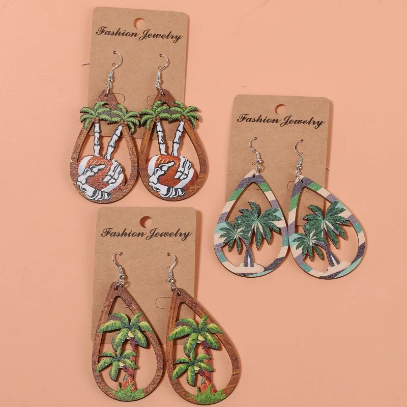 1 pair Holiday Wind Tropical Sand Beach Coconut Tree Pendant Earrings Wooden Drop Earrings Women's Jewelry