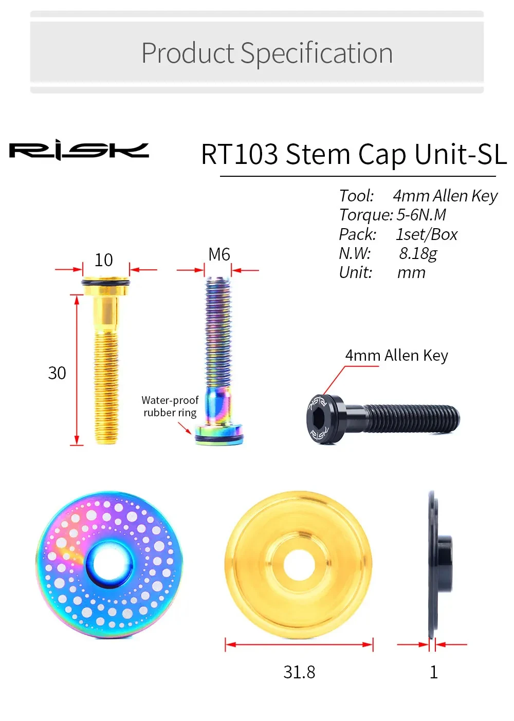 1 Set RISK Titanium Bike Stem Screws Bicycle Headset Top Cap M6x30mm Stem Bolt Cycling Handlebar Stem Top Cap Bolt Bicycle Parts