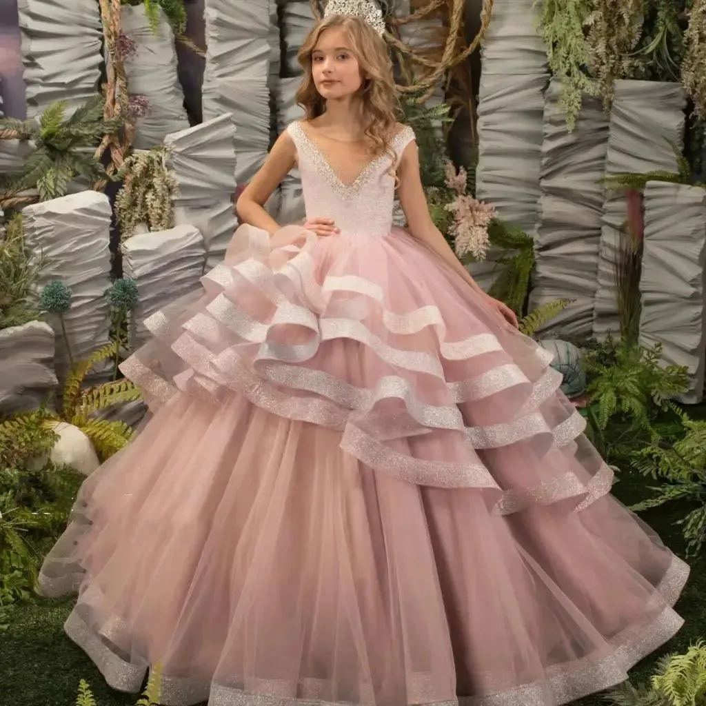 Rosa Blumenmädchenkleider für die Hochzeit, Kristall, mehrlagig, ärmellos, Baby-Geburtstagsparty-Kleider, Erstkommunion-Kleider, individuell gestaltet