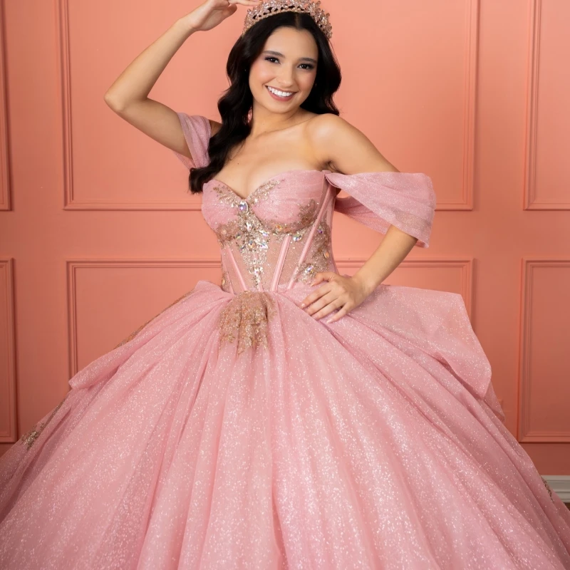 

Light Pink Shiny Ball Gown Quinceanera Dresses Sequin Gold Applique Lace Beading Crystal Bow Tull Corset Off Shoulder Sweet 16
