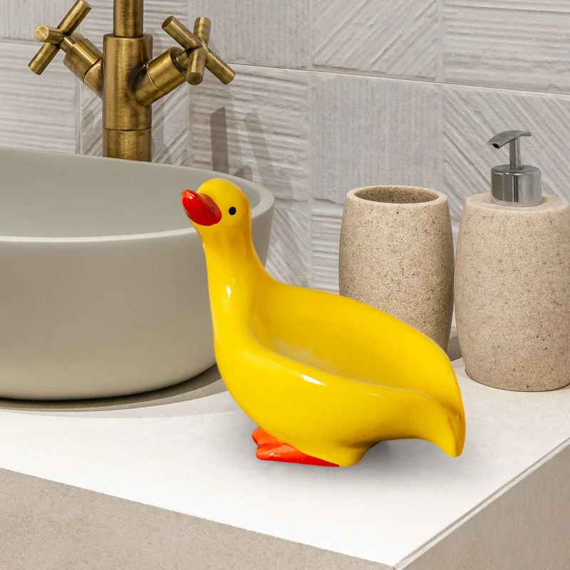 Lamgool Ceramics Soap Dish Vivid Duck Shaped Storage Soap Holder Self Draining Soap Tray for Bath Bathroom Kitchen Shower  ﻿