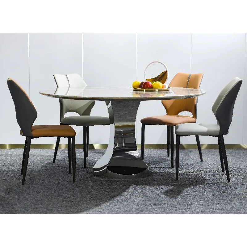 

#European Style Round Dining Table With Brown Marble Top & Silver Finish High Quality For Hotels Parties Weddings