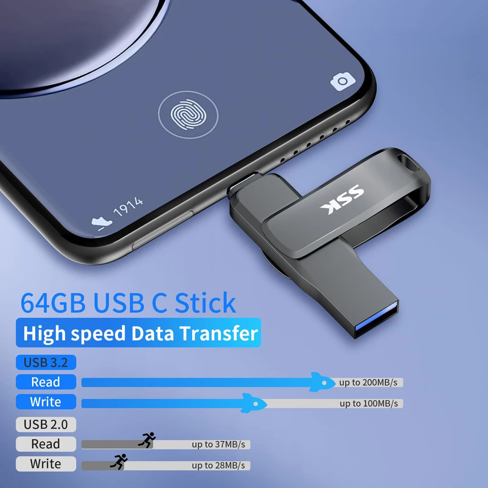 SSK Dual USB Flash Drive 256GB USB 3.2 Thumb Drive with USB Type-C and USB A USB Memory Stick for Smartphones Tablets Mac Laptop