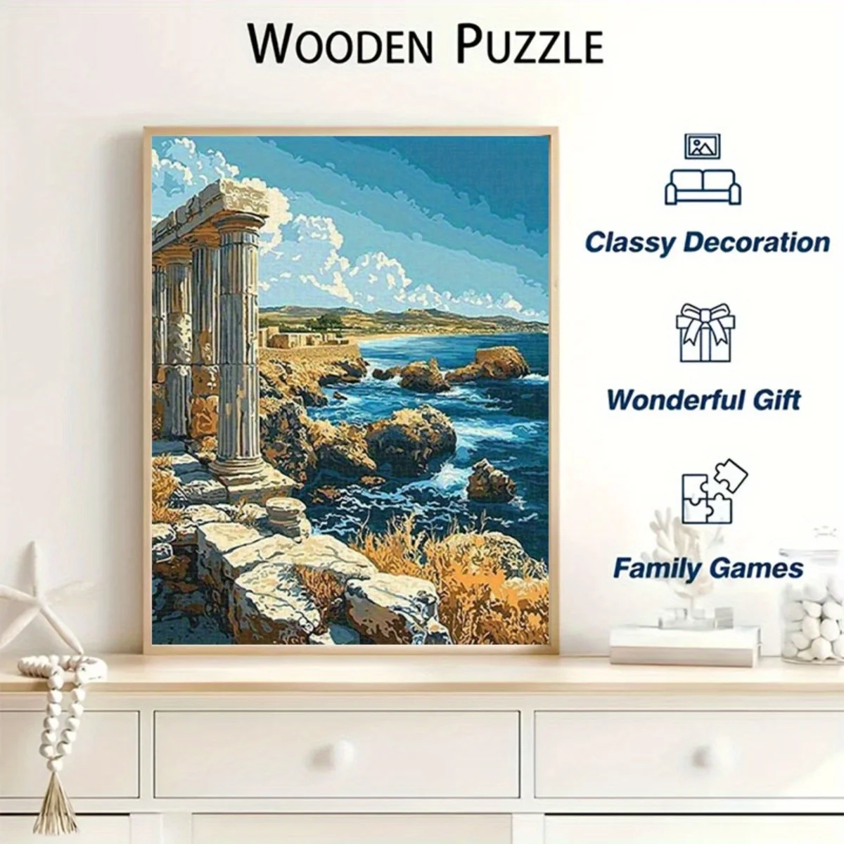 1000 قطعة من أحجية الأطلال اليونانية القديمة - منشار كبير بدون إطار مع أعمدة حجرية، المحيط الأزرق، الغيوم البيضاء والتملال - تحدي #4