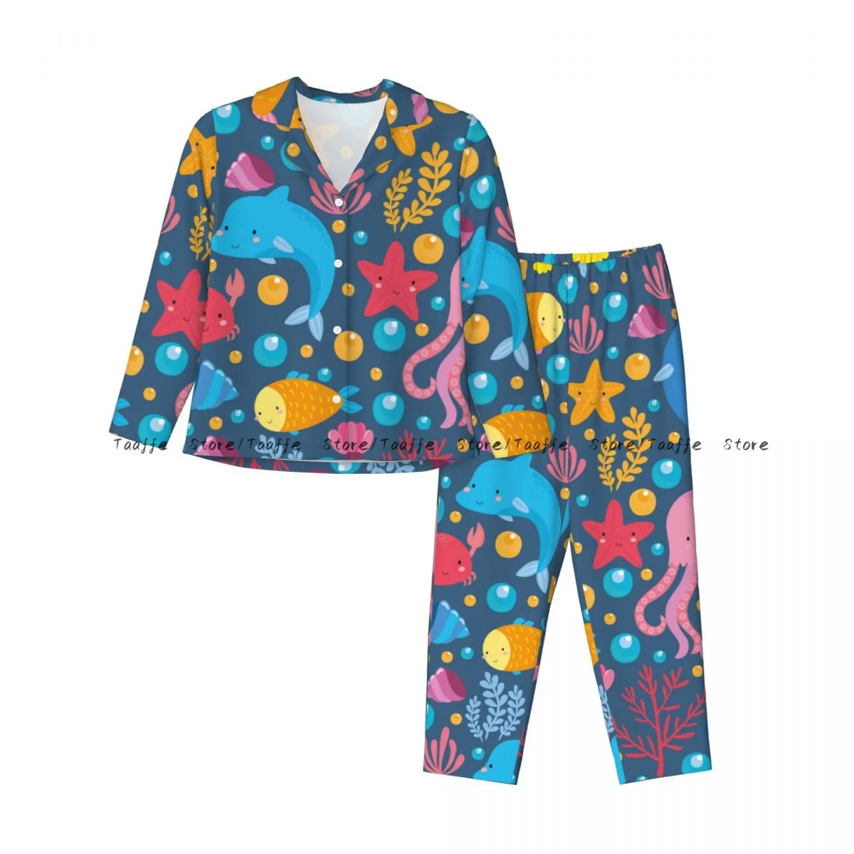 Colorful Fish Dolphin Crab Seaweed Womens Pajamas Loungewear Two-piece Sleepwear Button-Down Full Sleeve Long Pajamas Set