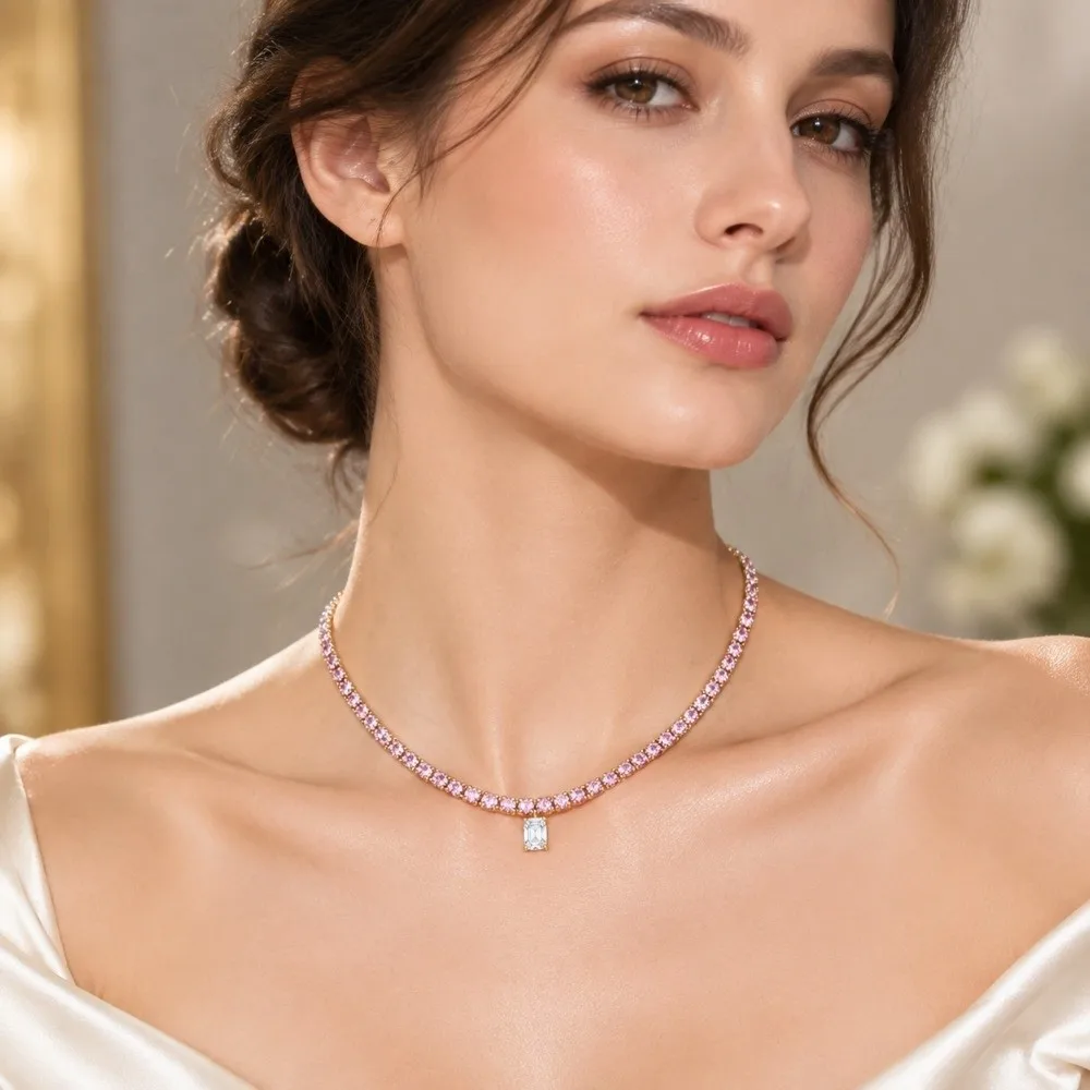 Lightweight Tennis Necklace Classic Tennis Silhouette Closely Set Rhinestone Macaron Color Necklace Secure Clasp