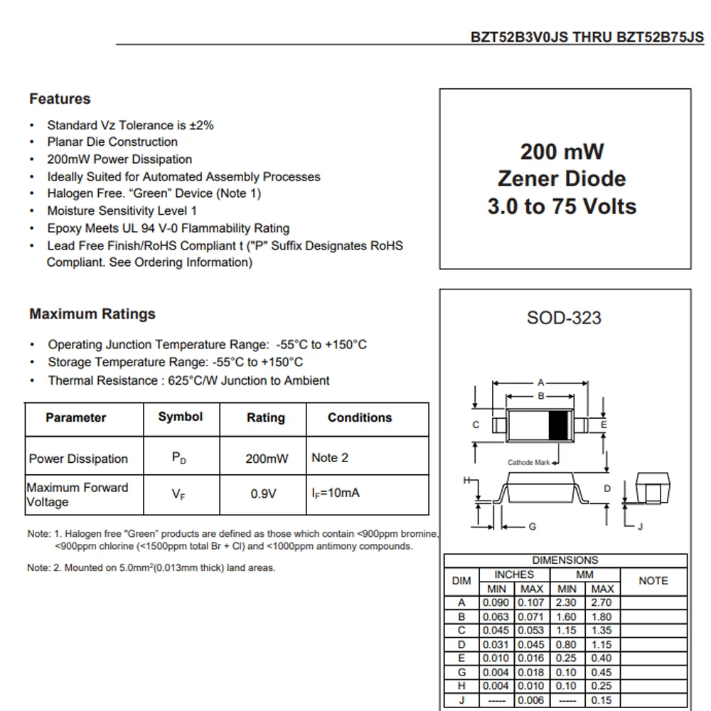 (100 pcs) BZT52B30JS-TP SOD-323 BZT52B30JS - Zener Diode 30V 200mW ±2%