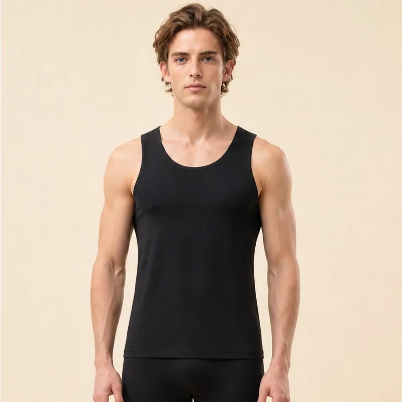 Autumn and Winter Men's Warm Vest with Wool Lining and Sleeveless Insulation Underwear Elastic Breathable Solid Color Warm Vest