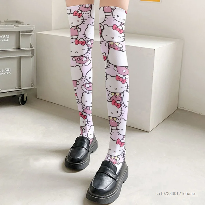 Sanrio Hello Kitty Print Y2k Japanese Style Silk Stockings Thin Style Spring Summer Women Lolita Cute Cartoon Knee Length Socks