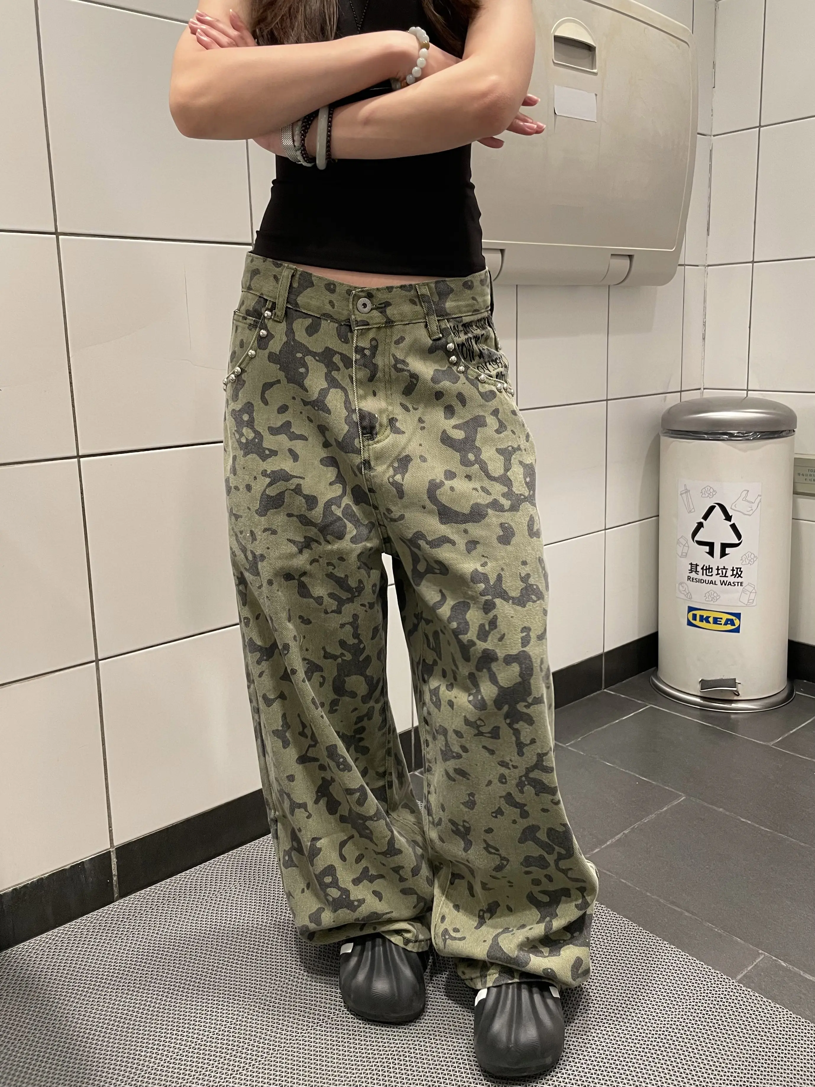 American Retro Rivet Washed Camouflage Jeans Loose Straight Leg Wide Leg Pants Street Design Women Casual Jeans