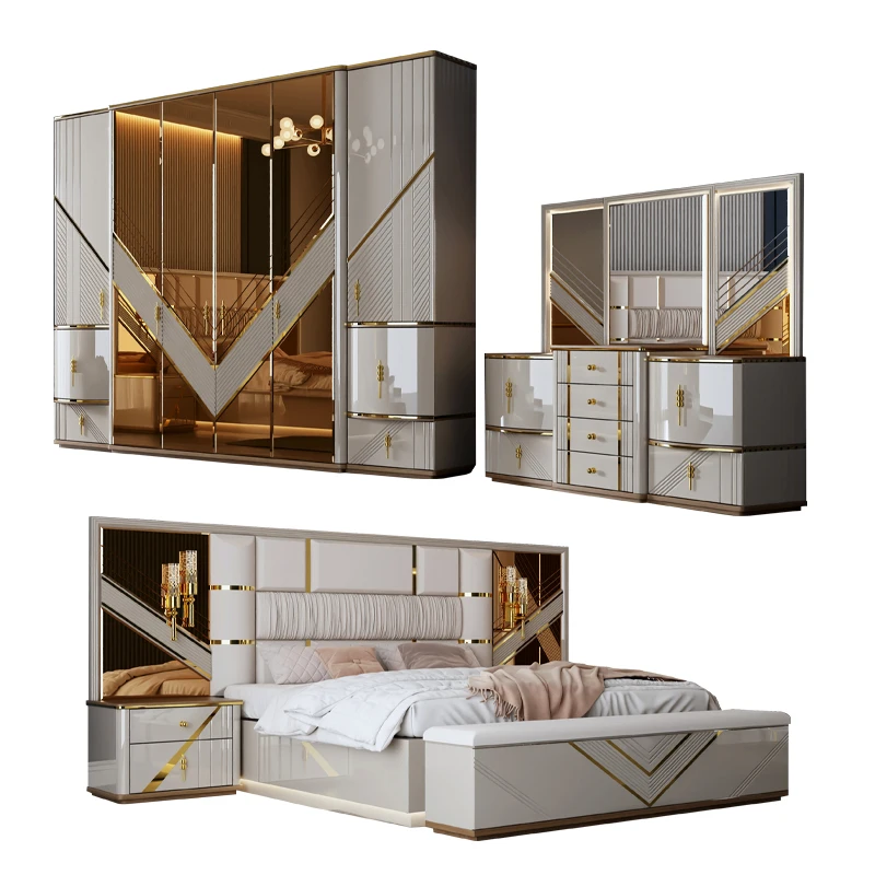 Deluxe Bedroom Set Home Storage Double Bed Wood Frame King Size Modern Bedroom Furniture Set