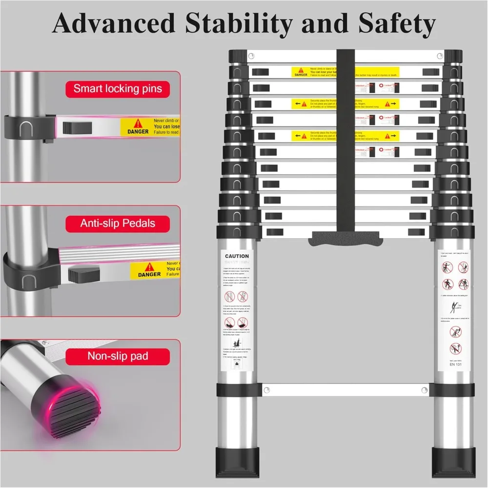 12.5FT Telescopic Aluminum Ladder, 330lbs Capacity, Adjustable Retractable for Home Roof RV Travel