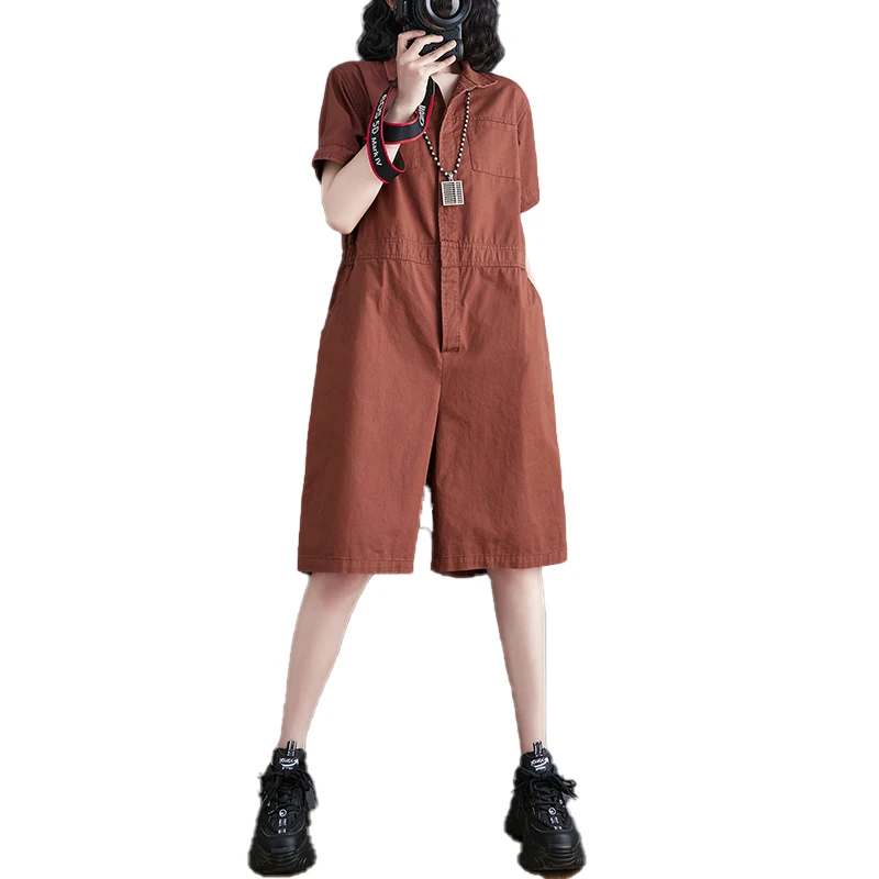 Baju kodok wanita, jumpsuit Romper tambal sulam kancing depan Solid warna Polo leher pakaian sehari-hari biasa overall kasual untuk wanita T132