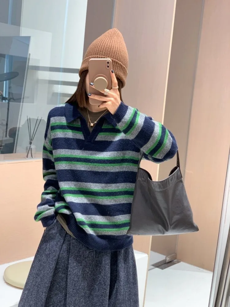 

Feita Vintage White Stripe Woolen Knitwear Casual Slim Fit V-Ne Soft Nylon Rabbit Fur Blend Long Sve Thermal Top