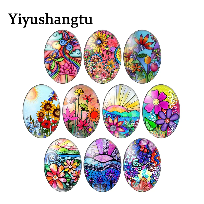 Colourful Oil drawing sunflowers painting 13x18mm/18x25mm/30x40mm Oval photo glass cabochon demo flat back Making findings