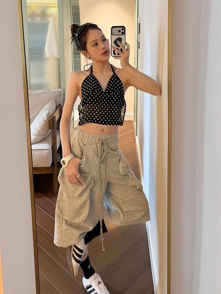 Gray Wide Leg Pants Women's Casual Star Design Large Pocket Drawstring Drape Slimming Seven-Foot Pants Summer New Arrival