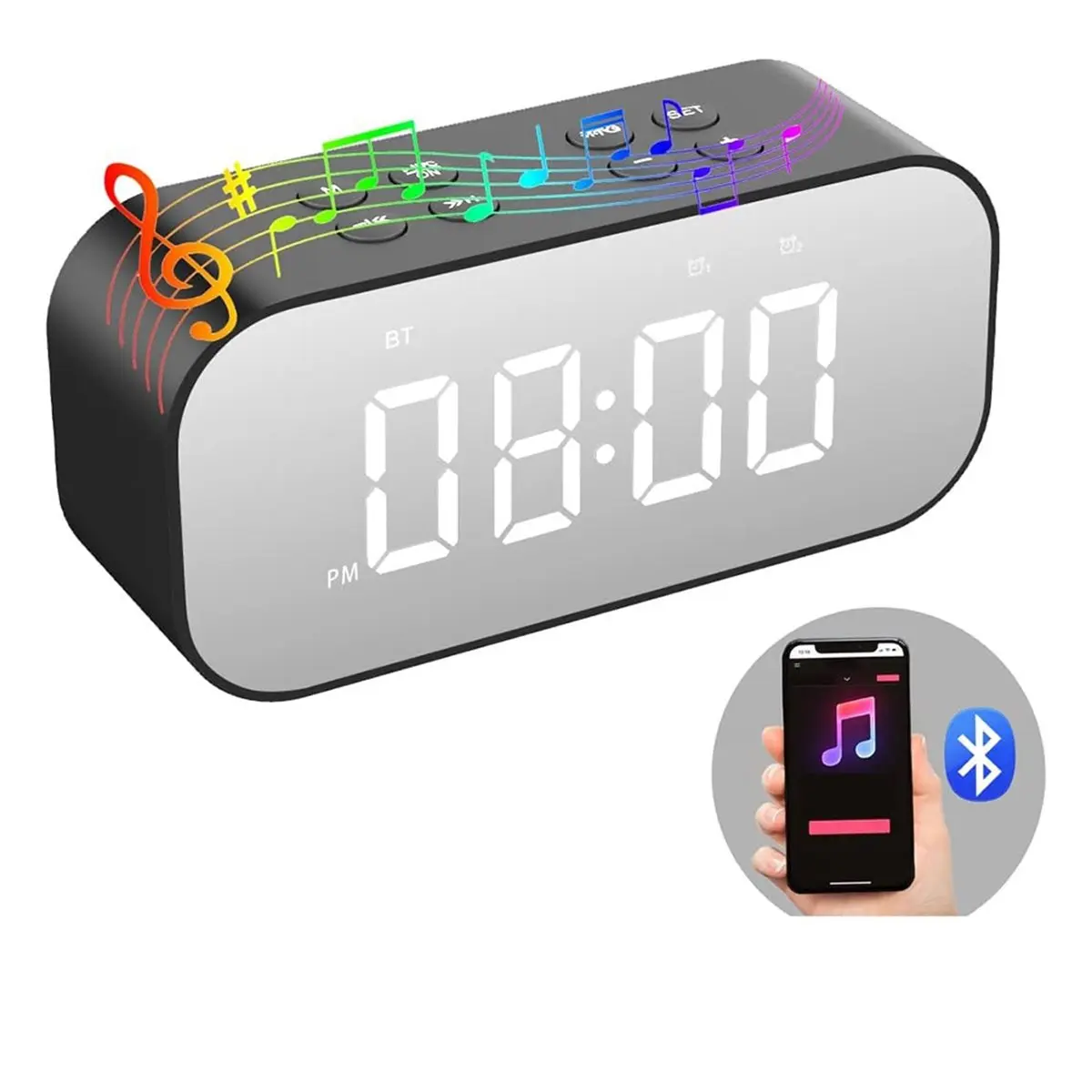 Alarm Clock with Bluetooth Speaker Small Digital Clock for Heavy Sleepers Mirror LED Display