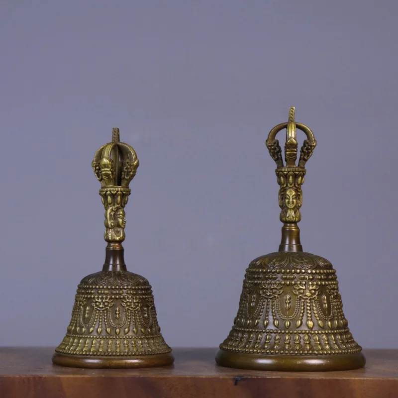 Chinese Antique Tibetan Brass Handbell Vajra Bell Eight Treasures Sanqing Bell Buddhist Statue Sculpture Ornament