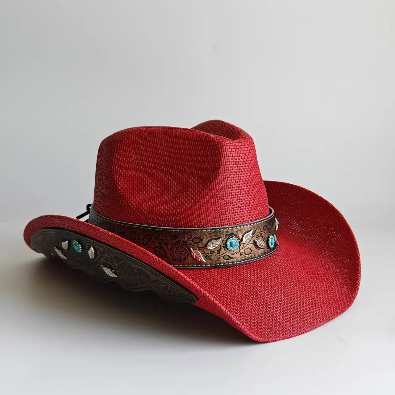 Vintage Brown Straw Western Cowboy Hat with Carved Leather Band Turquoise Silver Leaf Accents Wide Roll-up Brim Cowgirl Sun Hats
