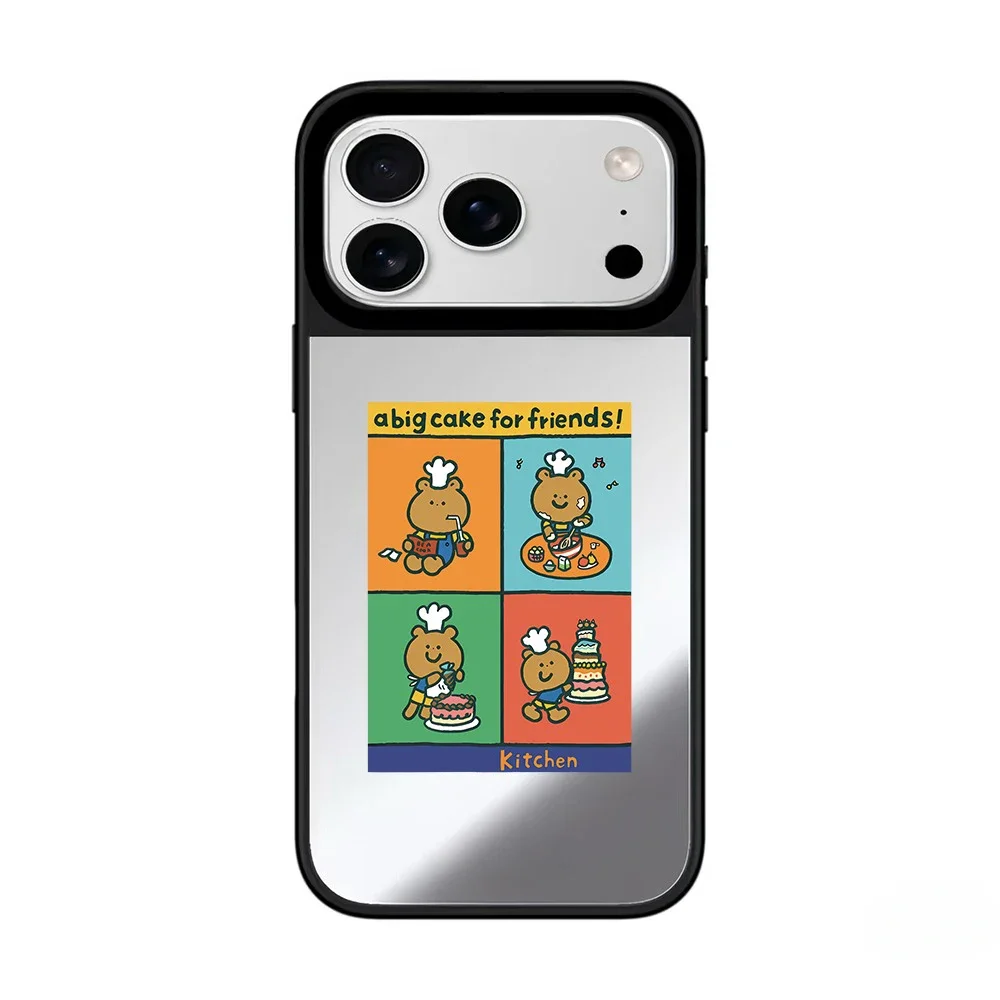 Cartoon Chef Bear Mirror Surface Black Border Magnetic Phone Case for IPhone 17 16 15 14 13 12 Pro Max Cover