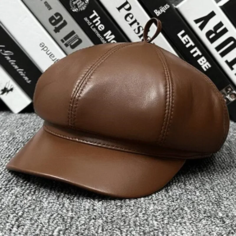 

New Autumn Winter Warm Women's Sheepskin Leather Newsboy Caps Elegant Lady Genuine Leather Hat Simple Fashion Trend Caps For Men