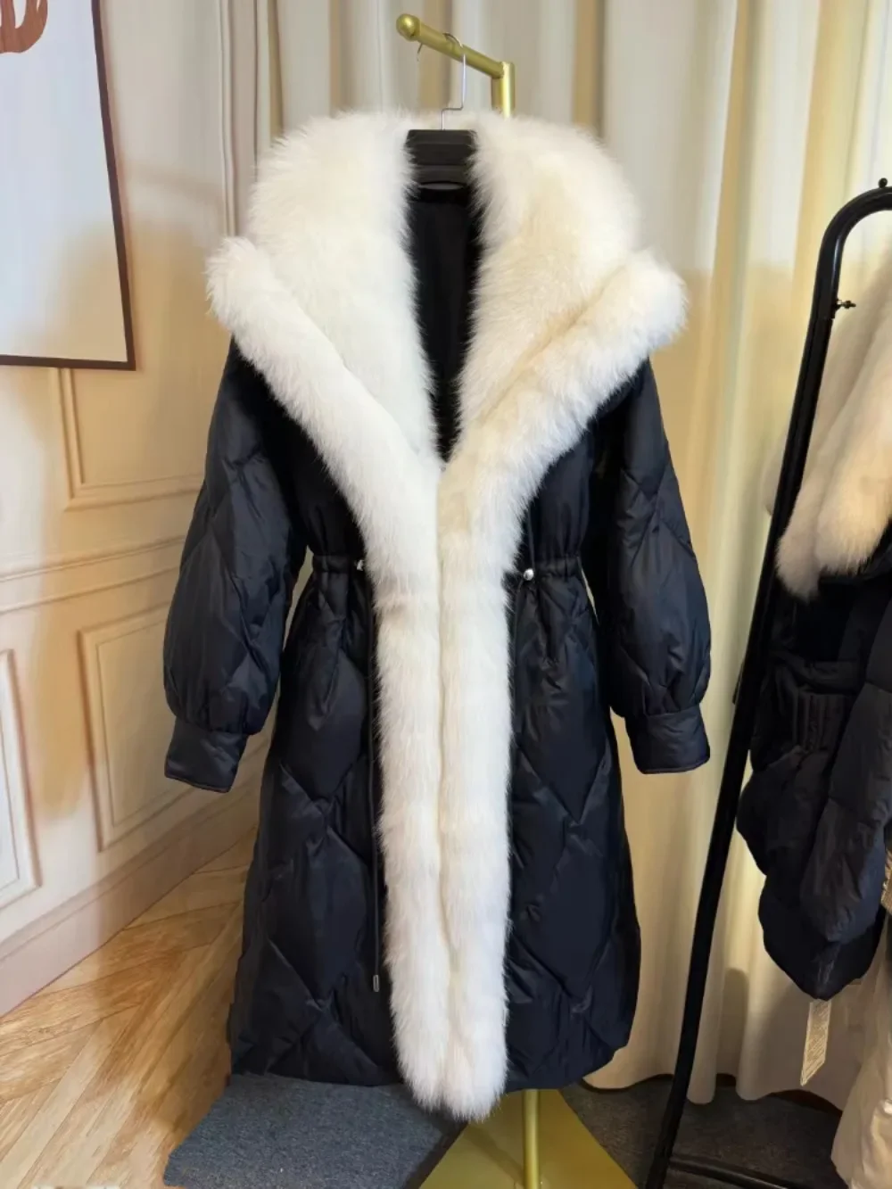 Long Fur Coat Warm Real Fox Fur Coat New European Fashion Winter Luxury Turn-down Collar White Goose Down Jacket Women