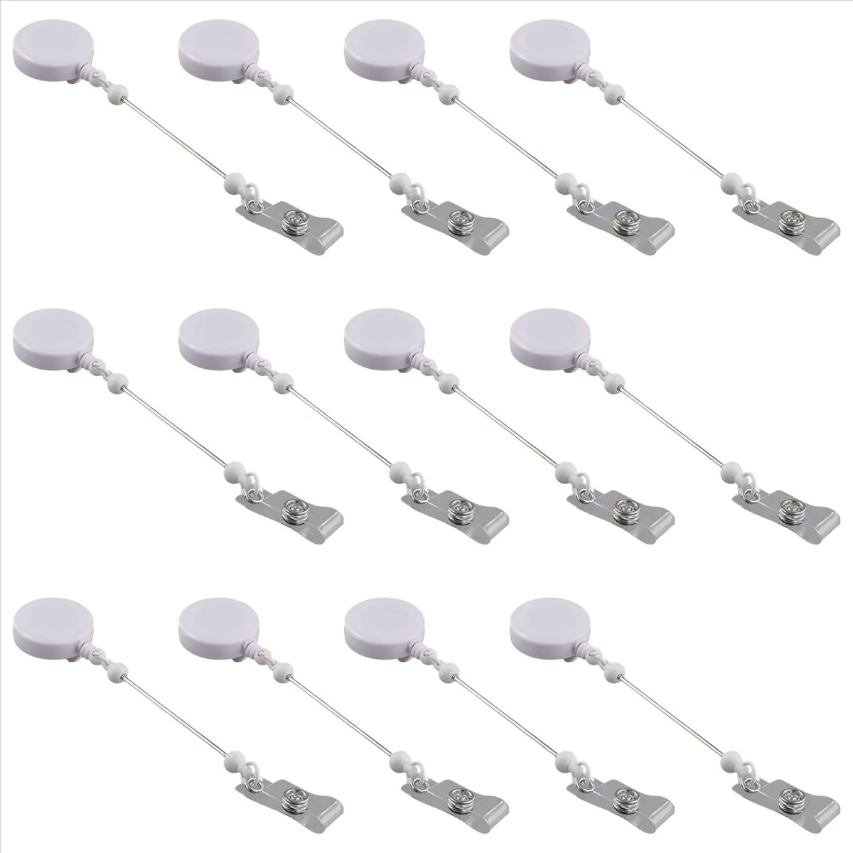 AT16 12 Pcs Beadable DIY Badge Reel Kit Retractable ID Name Badge Reel Clips Holder for Beads Blank Bar with Belt Clip, White