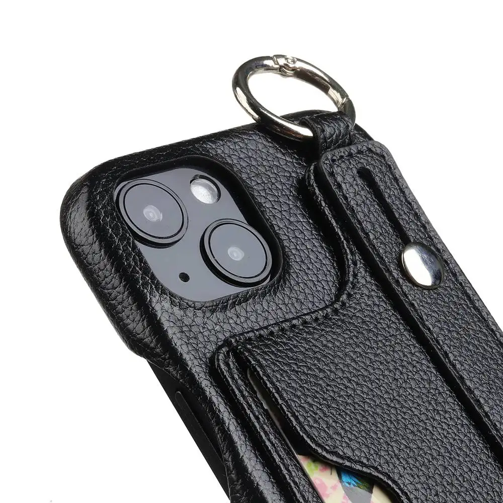 Card Slot Wrist Strap Leather Phone Case For iPhone 16 15 14 13 12 Pro Max Litchi Grain All-inclusive Cover