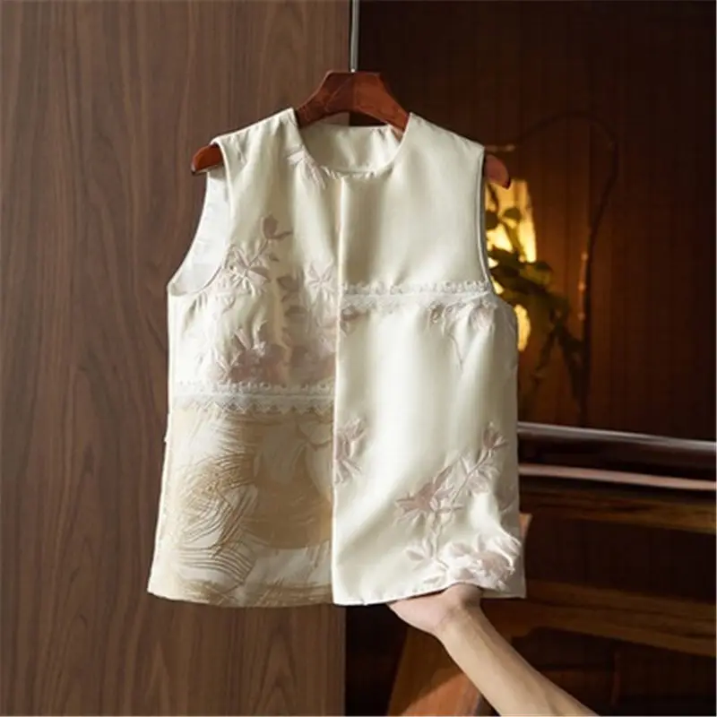 

New Chinese Style Vest Lace Splice Embroidery Jacket For Women Spring/Summer Fashion Improvement Tang Top Shirt C006