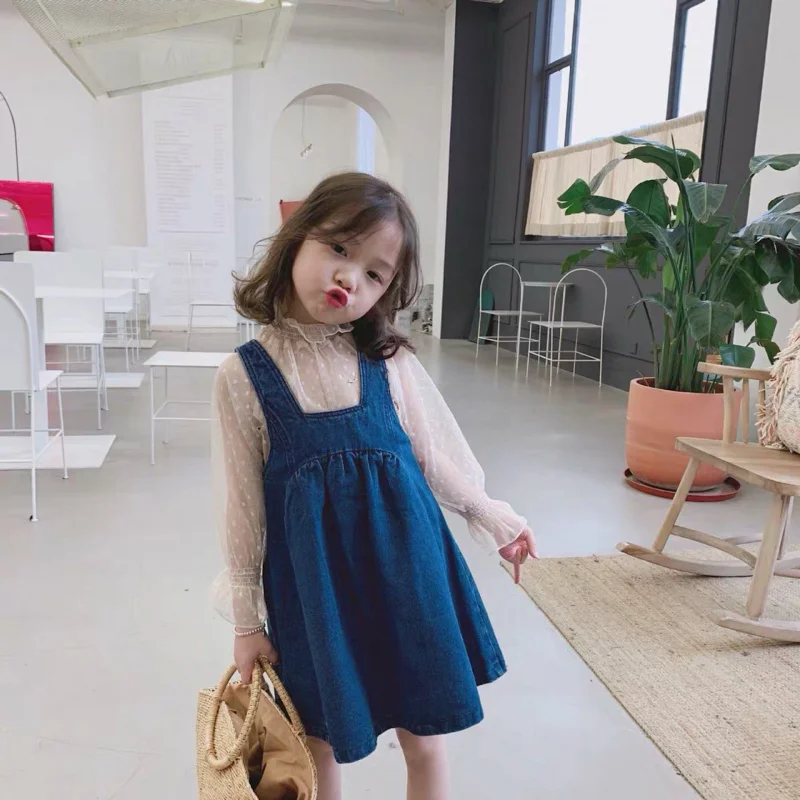 Hnq-Conjunto Doce Infantil, Top de Renda Feminina, Vestido Jeans, Roupa Infantil de Duas Peças, Transporte da Gota, Outono