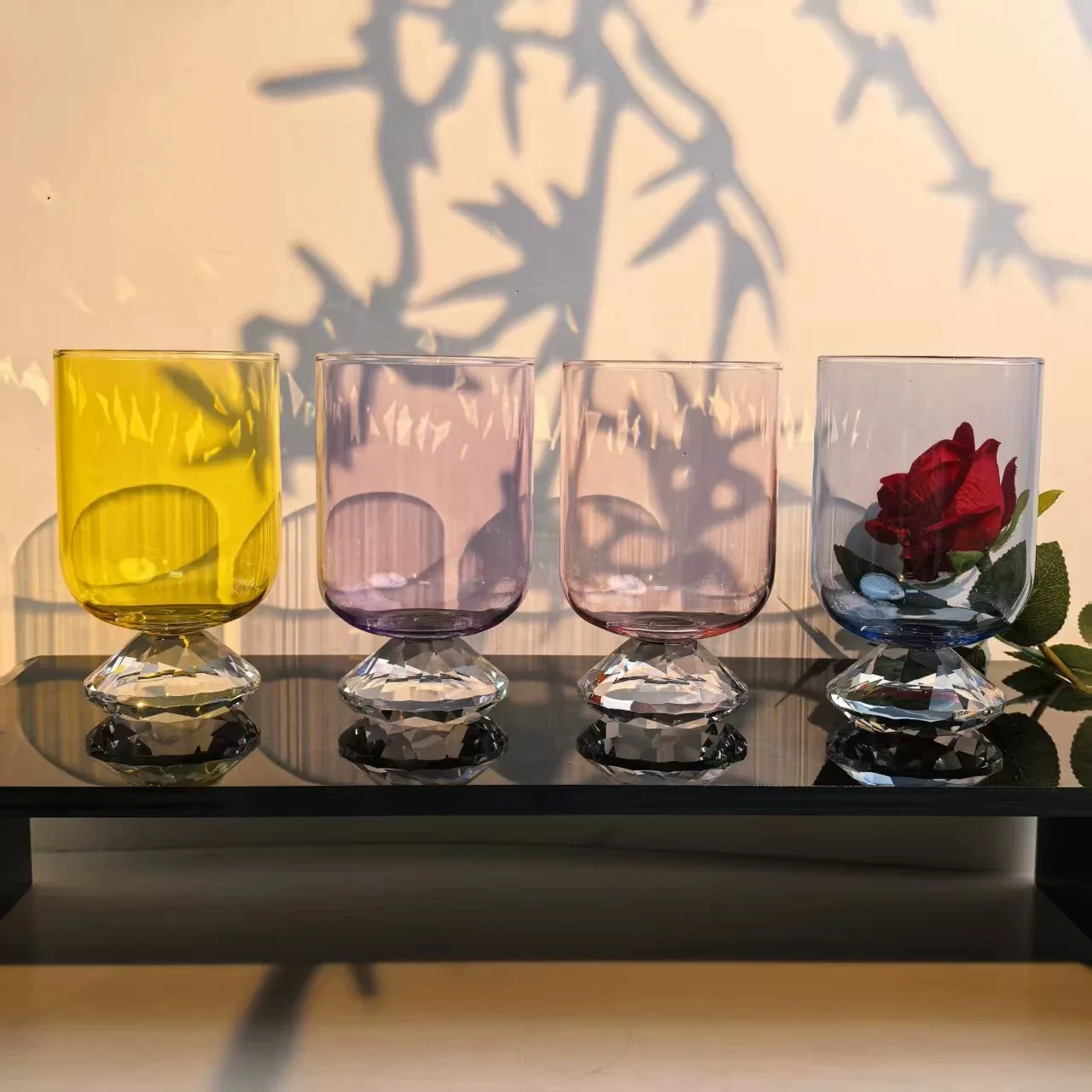 Colorful Glass Cup Handmade Diamond Cut Flat Bottomed  Translucent Champagne Cock Tail Glass Goblet Straight Bucket Cup
