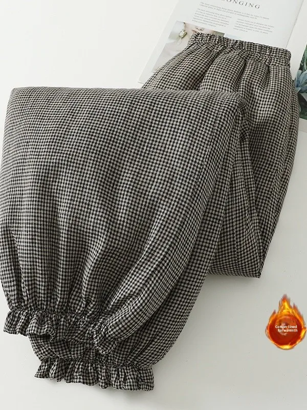 Thickened Cotton Wide Leg Lantern Pants Women's plus Size Winter New Style Elastic Waist Drawstring Plaid Cotton Trousers