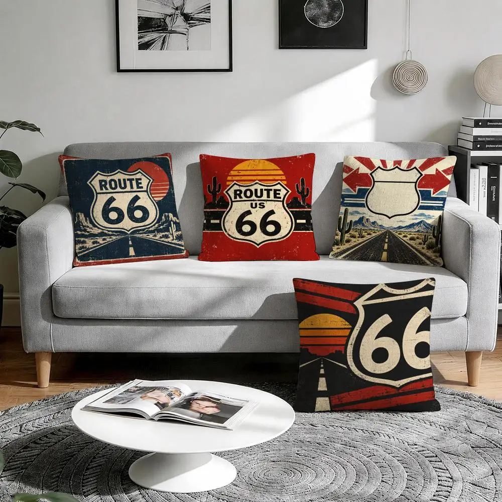Route 66 Cushion Cover 1/4Pcs Linen Throw Pillow Covers Double-Side Print Sofa Couch Living Room Decor