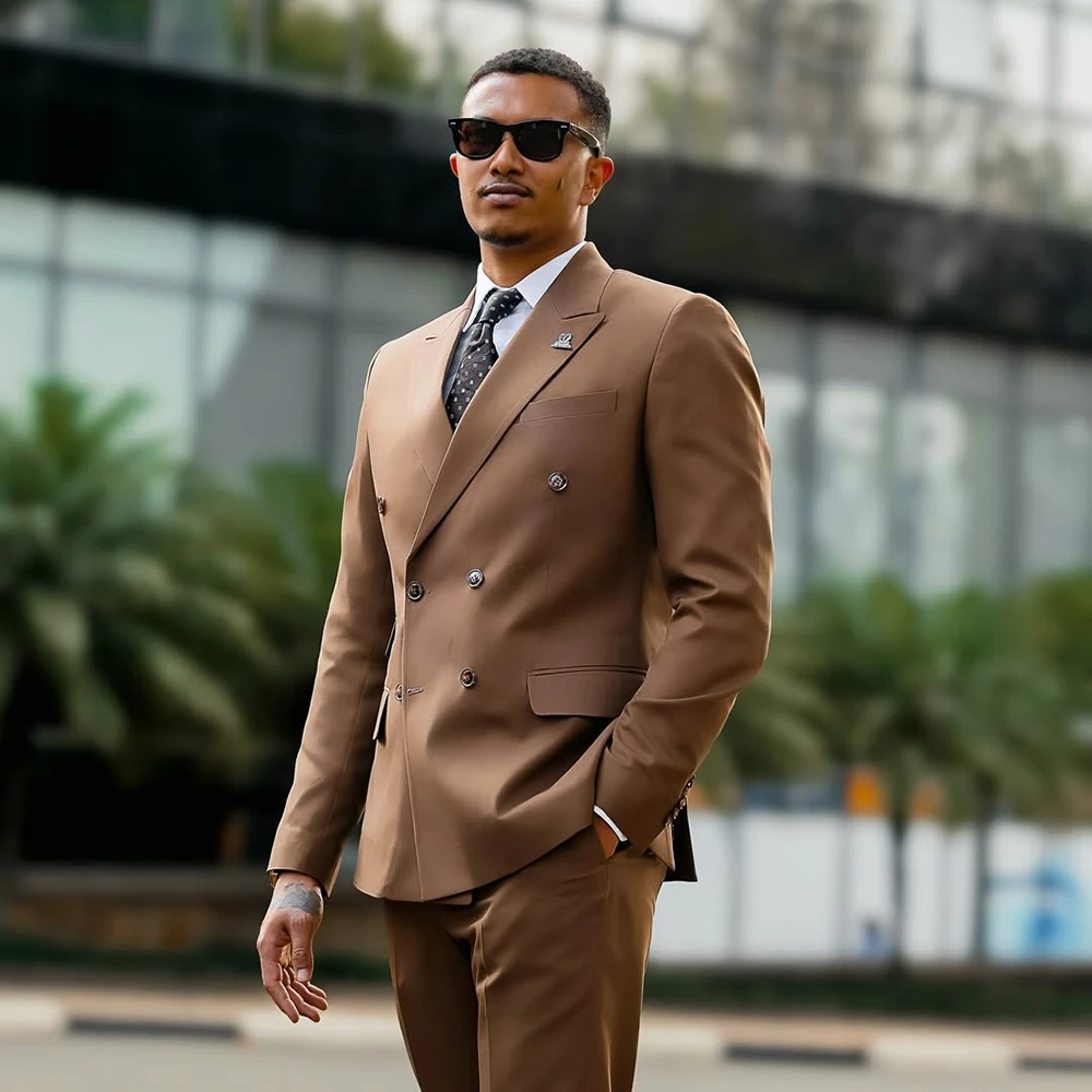 

Fashion Men's Suits Elegant Double Breasted Peak Lapel Slim Fit 2 Piece Jacket Pants Outfits High Quality Business Clothing