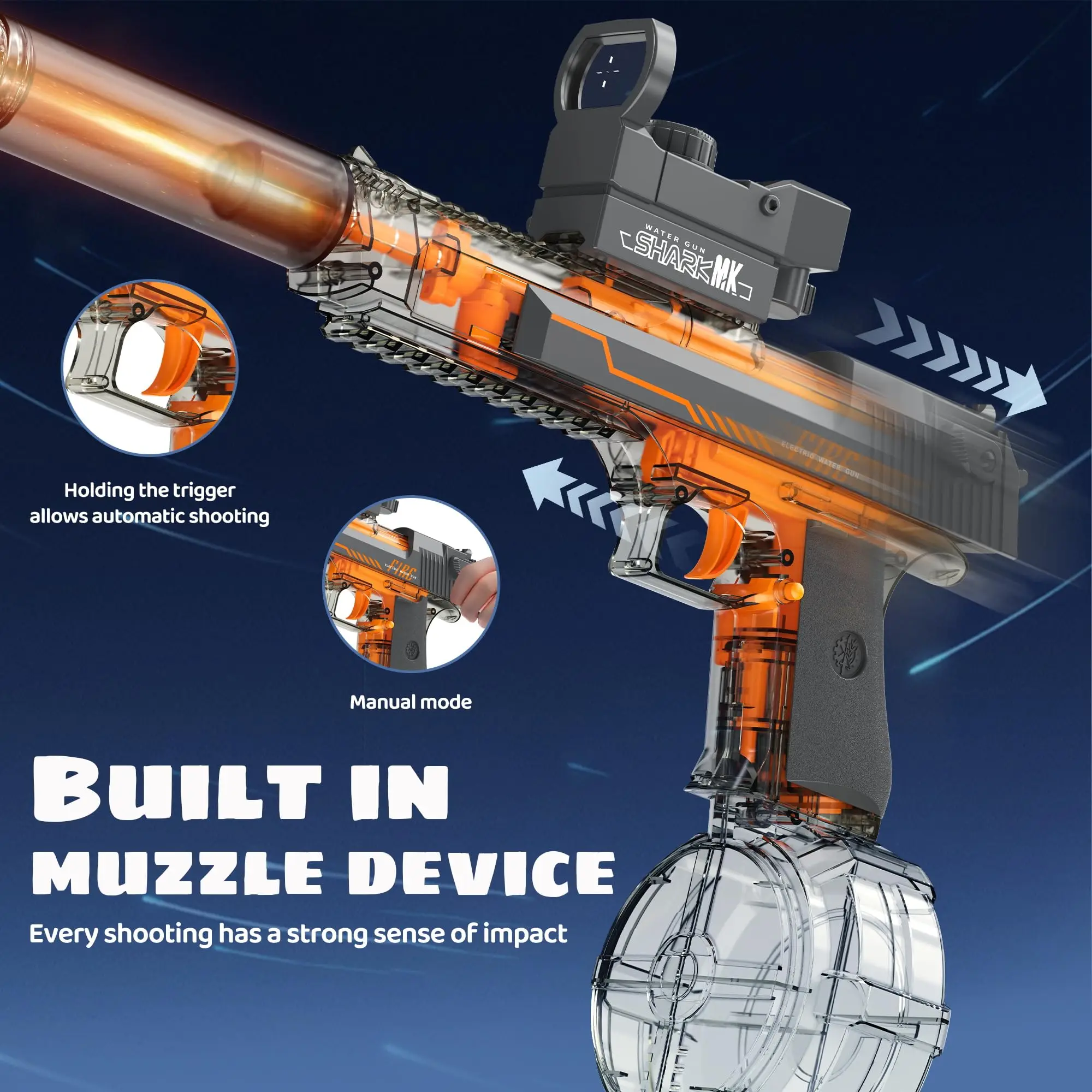 구멍 플래시가있는 자동 전기 물총, 성인을위한 강력한 물총 권총 어린이 여름 야외 수영장 해변 파티 장난감