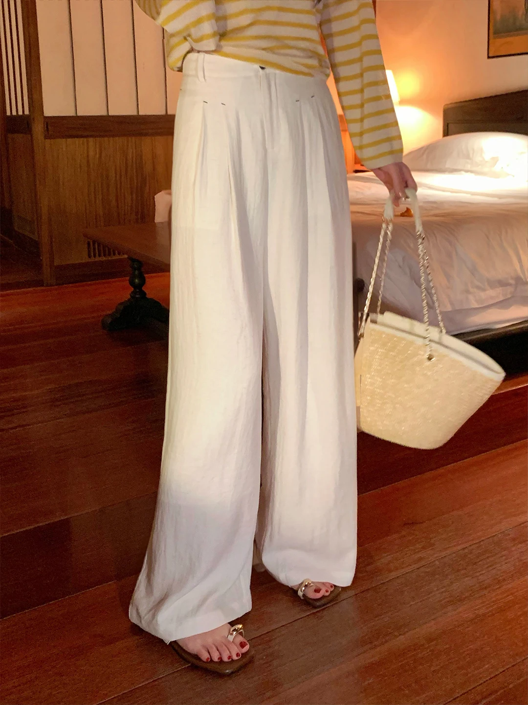 

Kun Total Women's Wide Leg Pants Casual Linen Trousers High Waist Straight Cut Spring New Style Simple Pure Color Folded Hem
