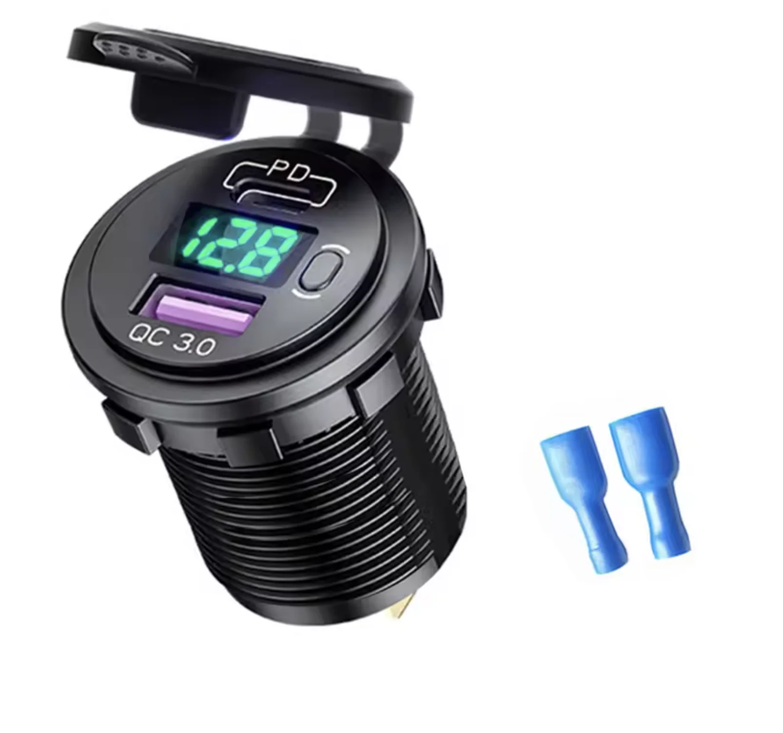 

USB C Car Charger Socket 12V/24V, Dual Port with PD3.0 QC3.0 Fast Charging, LED Voltmeter & On/Off Switch