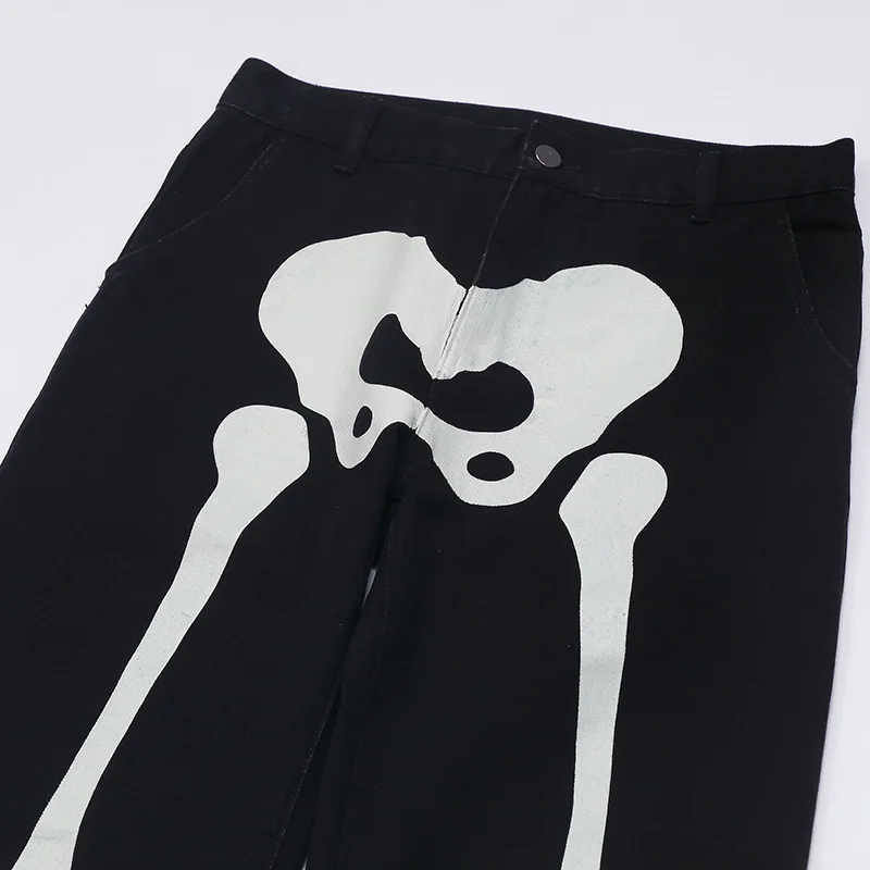 2023 Skull Print Zipper Casual Pant Streetwear Baggy Jeans Men Fashion Loose Straight Wide Leg Pants Male Brand Clothing Black